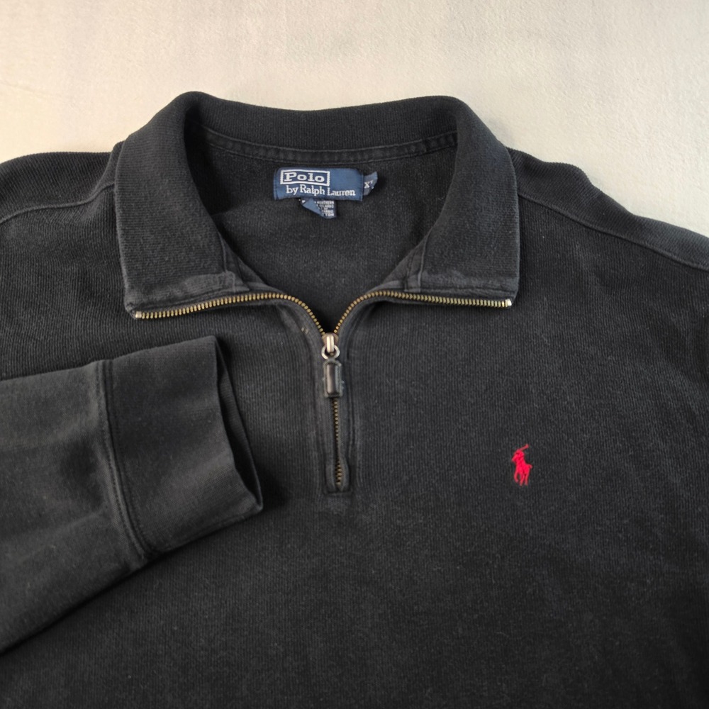 Polo Ralph Lauren 1/4 Zip Ribbed Pullover Mens XL Black Cotton Red Pony Logo